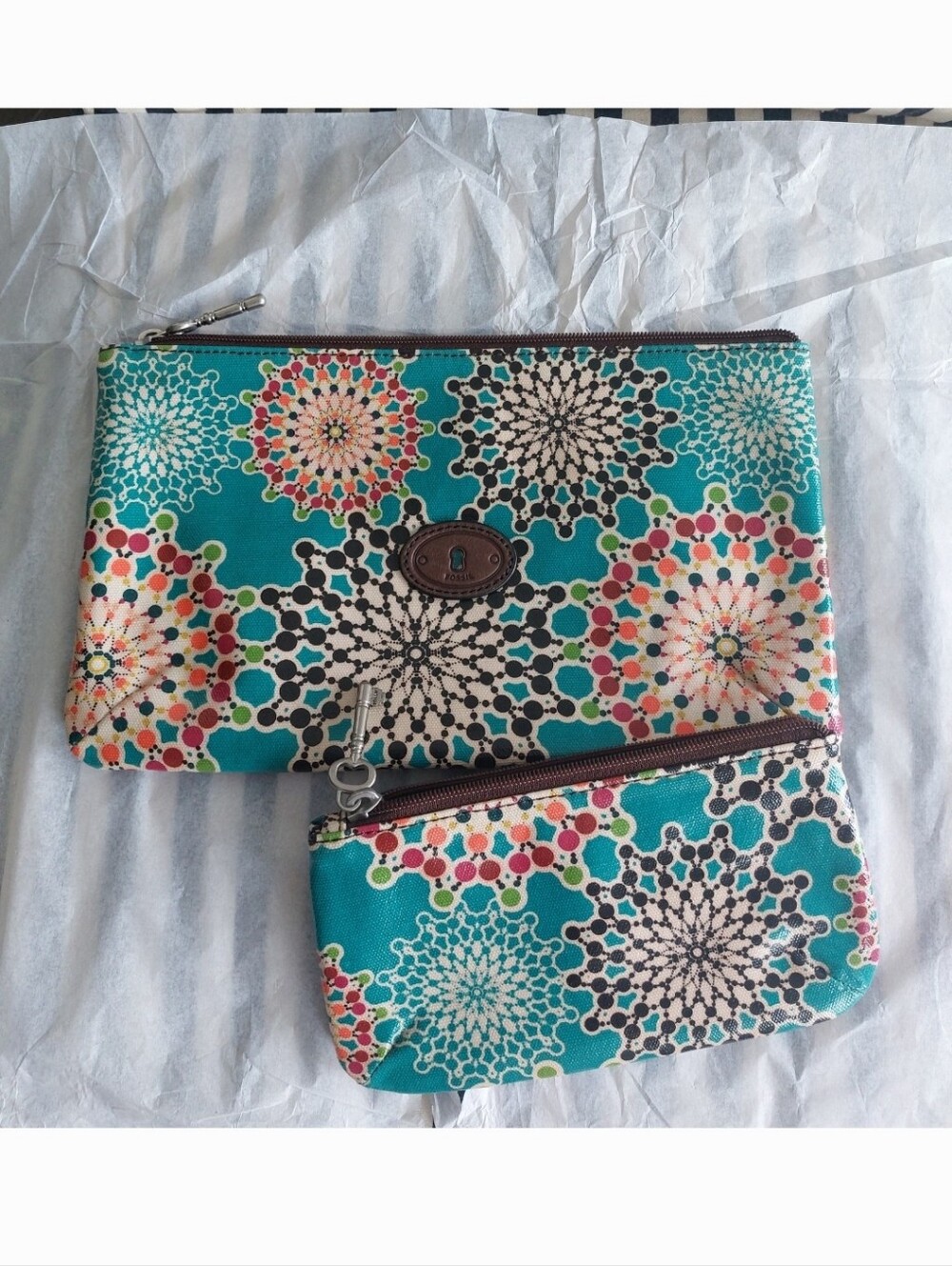 Fossil Key-Per Canvas Zip Pouch Wristlet Cosmetic Bag Vintage